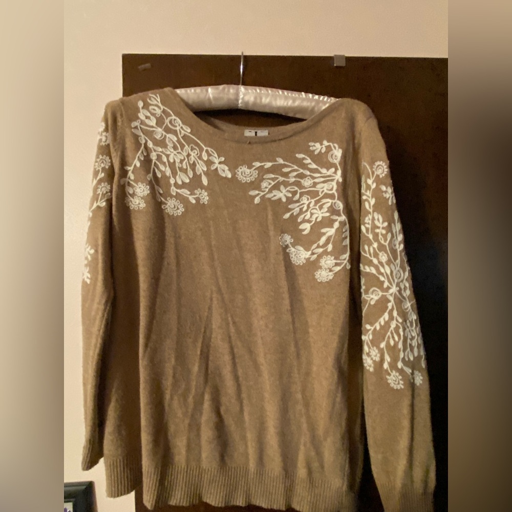 Camel colored white embroidered sweater
